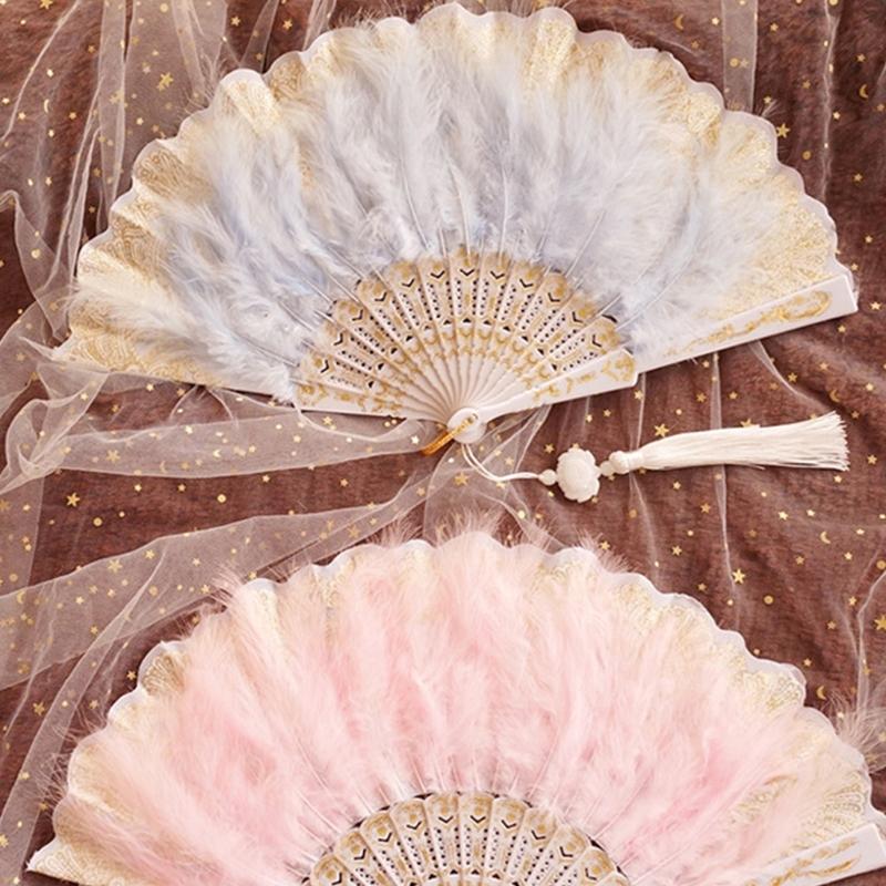 Wedding Feather Hand Fan Handmade Retro Lace Feather Fans for Wedding Party Gift Chinese Luxurious Wedding Decoration