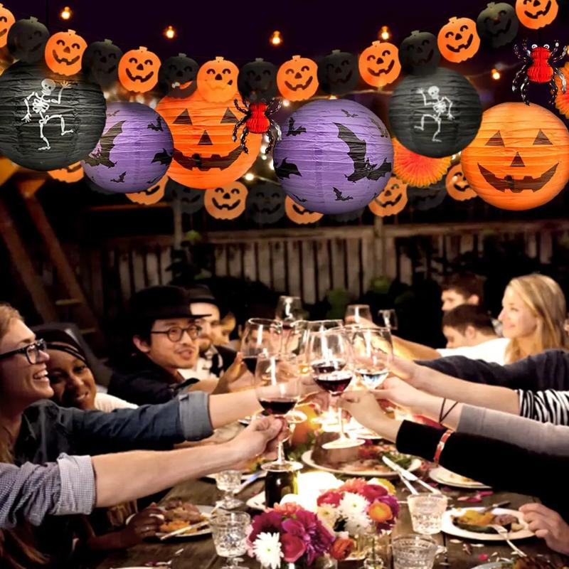 Halloween Paper Lantern Pumpkin Spider Bat Skeleton Hanging Pendant Horror Props Party Decoration Outdoor Home