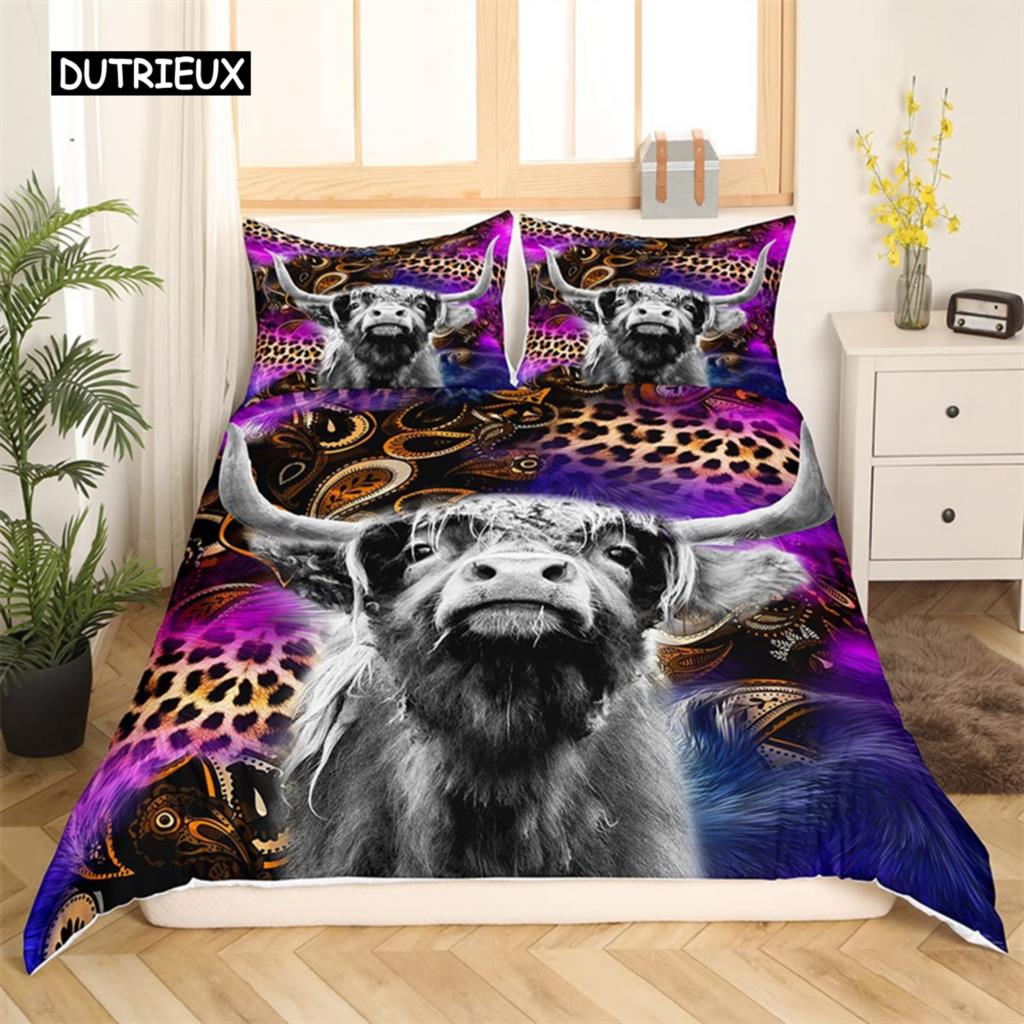 Bettbezug mit Highland-Kuh-Motiv, Western-Bettwäscheset mit Bauernhoftieren, King-Size-Bett, für Jungen und Mädchen, Mikrofaser, Blumenmuster, Bullen- und Rinder-Bettbezug