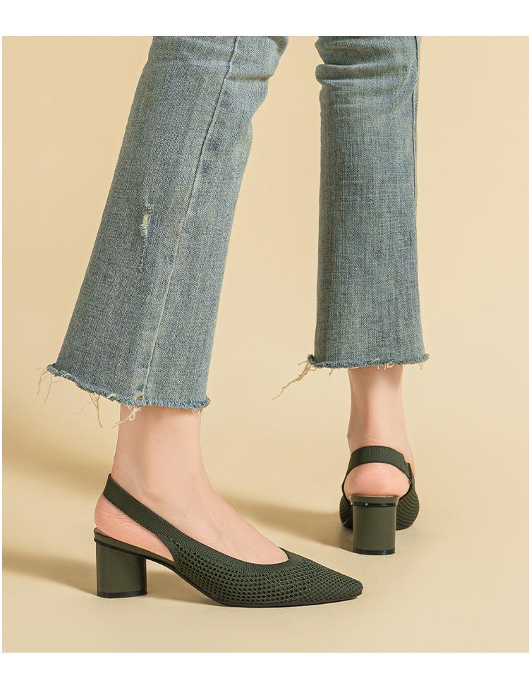 BT663 Princess Cutout Knitted Sandals - Round/Pointed Toe, Back Strap, Low Cut, Chunky Heel