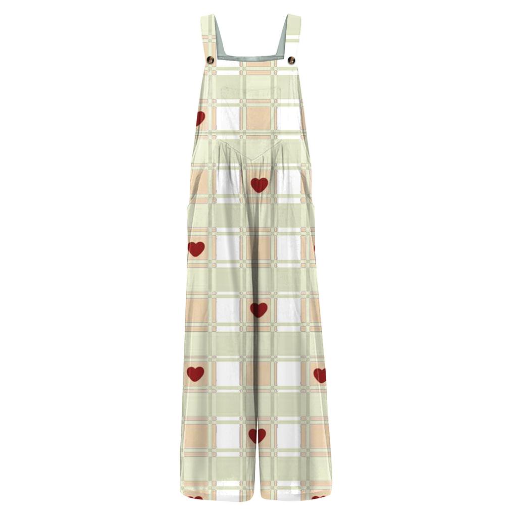 Women's Valentine's Day Printed Casual Loose Retro Cotton Linen Overalls With Pockets