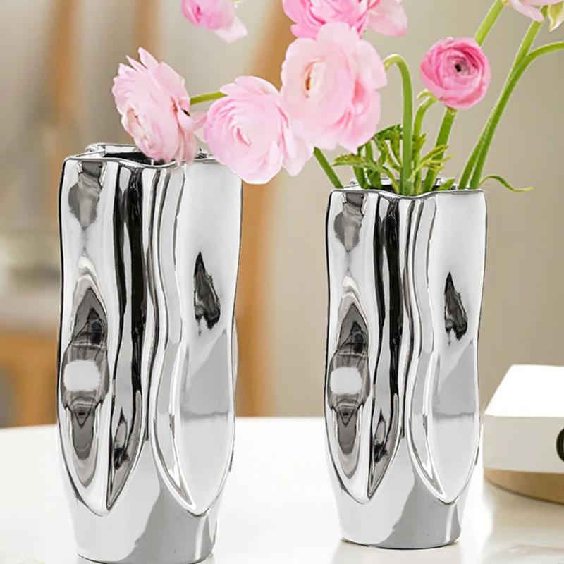 1ks Keramická interiérová umělecká dekorace Váza Luxusní galvanizovaná stříbrná Kreativní aranžování květin Hydroponická Nepravidelný porcelán
