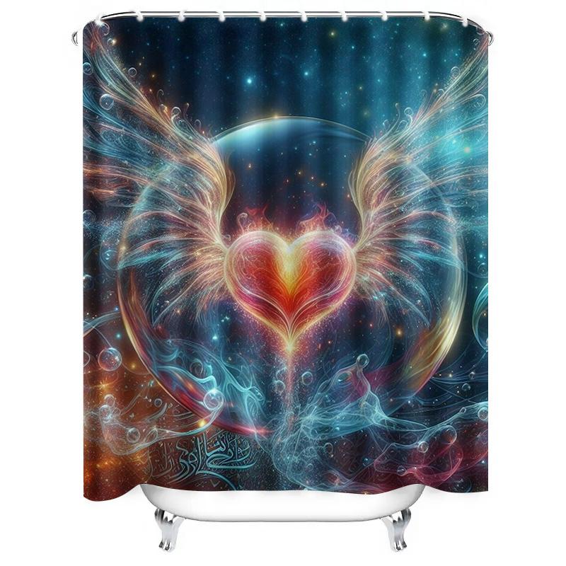 Celestial Heart Wings Shower Curtain - Waterproof, Mildew-Resistant, Machine Washable for Cosmic Bathroom Decor