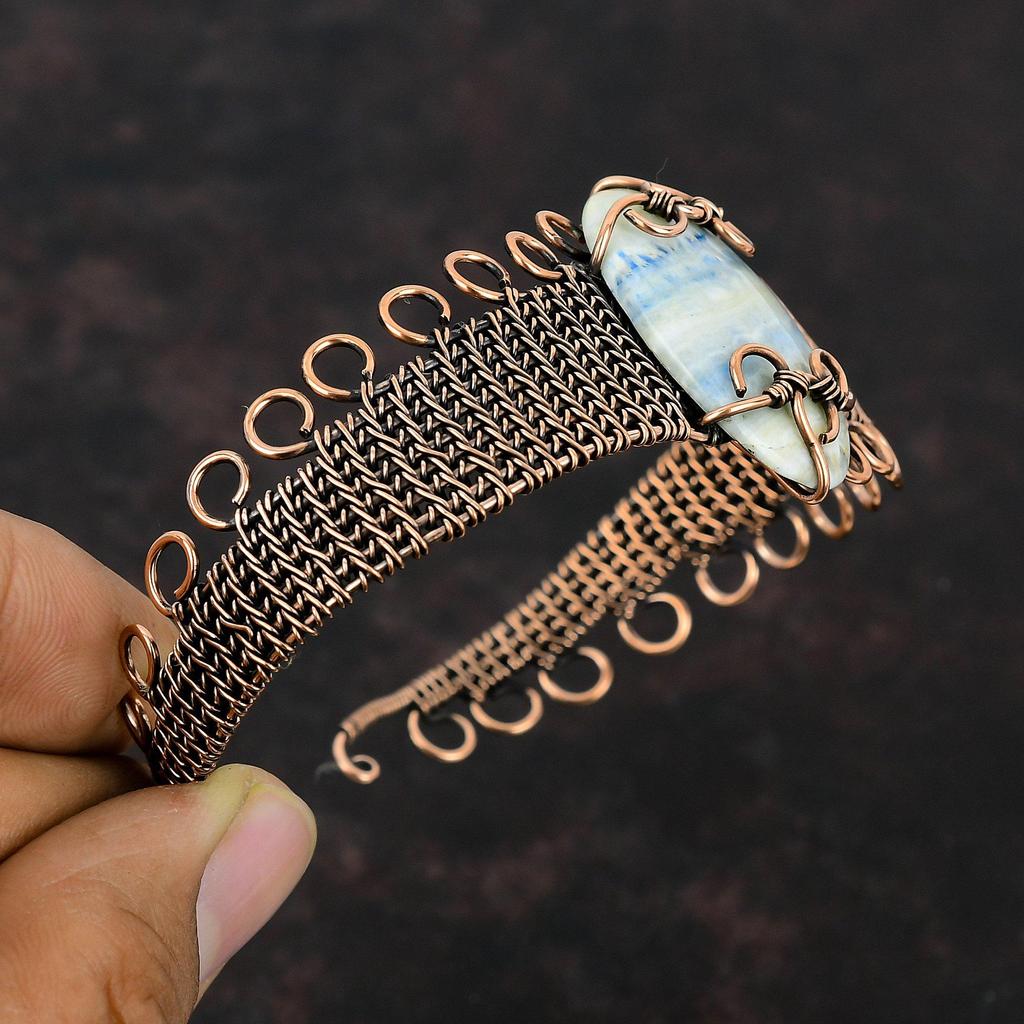 Blue Scheelite Copper Bangle Wire Wrapped Cuff Bracelet Adjustable Bangle Copper Wire Wrapped Jewelry Handmade Gemstone Bangle Gift For Her