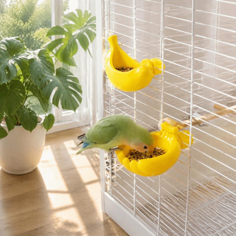 Detachable Bird Food Feeding Dish Anti-Splash Parrot Water Bowl Banana Shape Bird Feeder Budgie