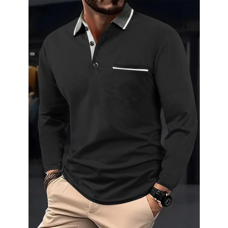 

Men s Loog Sleeve Polo Shirt Contrast Trim Collar with Pocket Button Placket Fashion Casual Top S