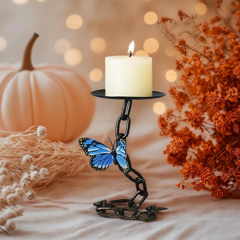 Matte Black Iron Pillar Candle Holder with Magnetic Butterfly Retro Decoration for Living Room, Creative and Interesting