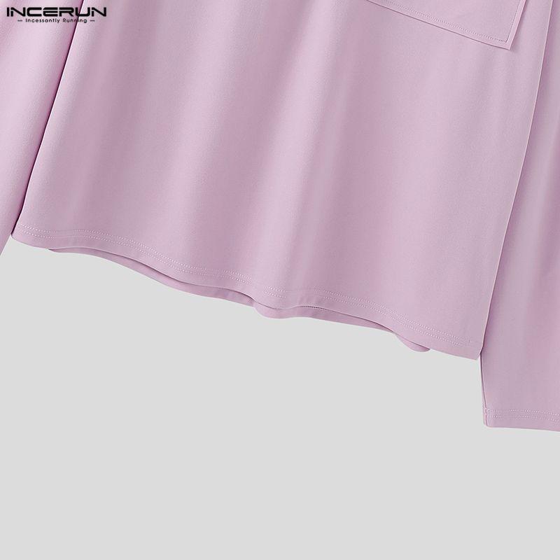 INCERUN Oversized Men Lapel Neck Long Sleeve Solid Loose Casual T-Shirts Tops