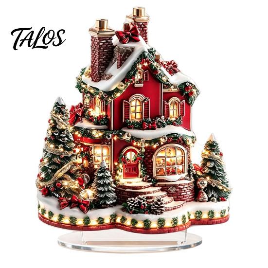 Retro Christmas House Centerpieces Acrylic Table Decoration, Double-sided Winter Snow Village/Candle/Teapot Ornament European Style Ornaments