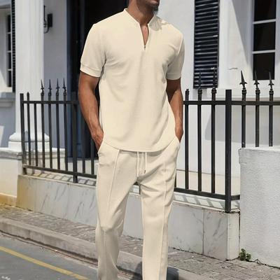 2Pcs/Set Men Casual Outfit Stand Collar Zipper Neckline Short Sleeve Tops Elastic Waistband Drawstring Pockets Pants Set