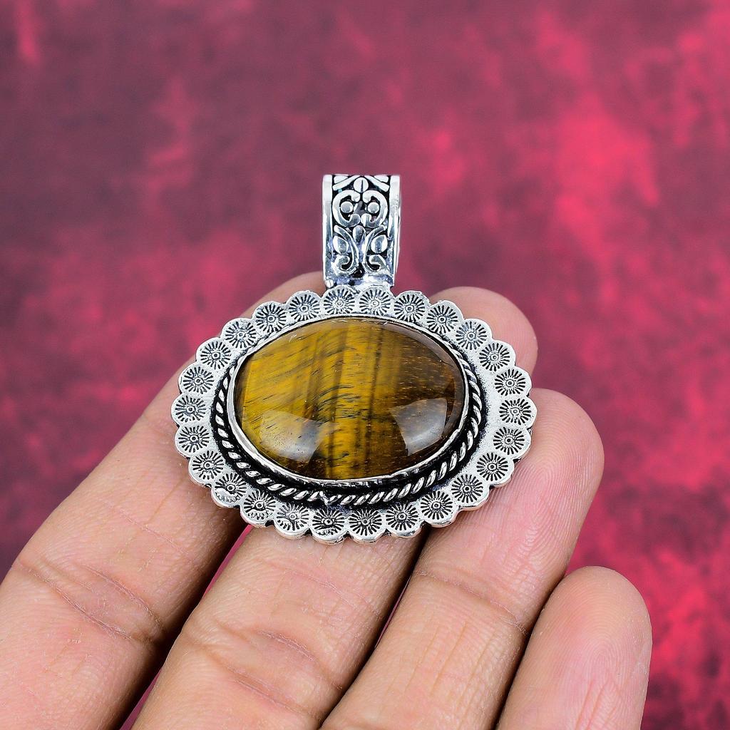 Pingente de prata esterlina sólida 925 olho de tigre, pingente de pedra preciosa feito à mão, presente para a mãe, joias antigas