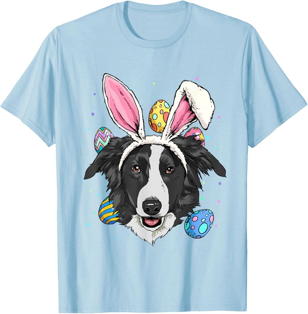 Border Collie Bunny Easter Eggs Dog Lover Graphic Tee Men Casual Trip T-Shirt