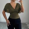 Moda Casual para Mujer Top de Cuello en V con Mangas Cortas tipo Ala y Cintura Ceñida