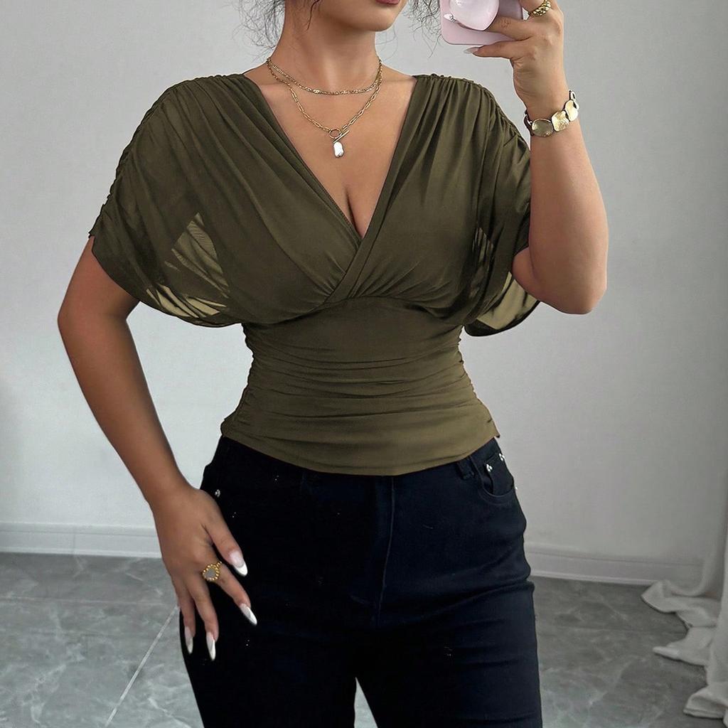 Moda Casual para Mujer Top de Cuello en V con Mangas Cortas tipo Ala y Cintura Ceñida