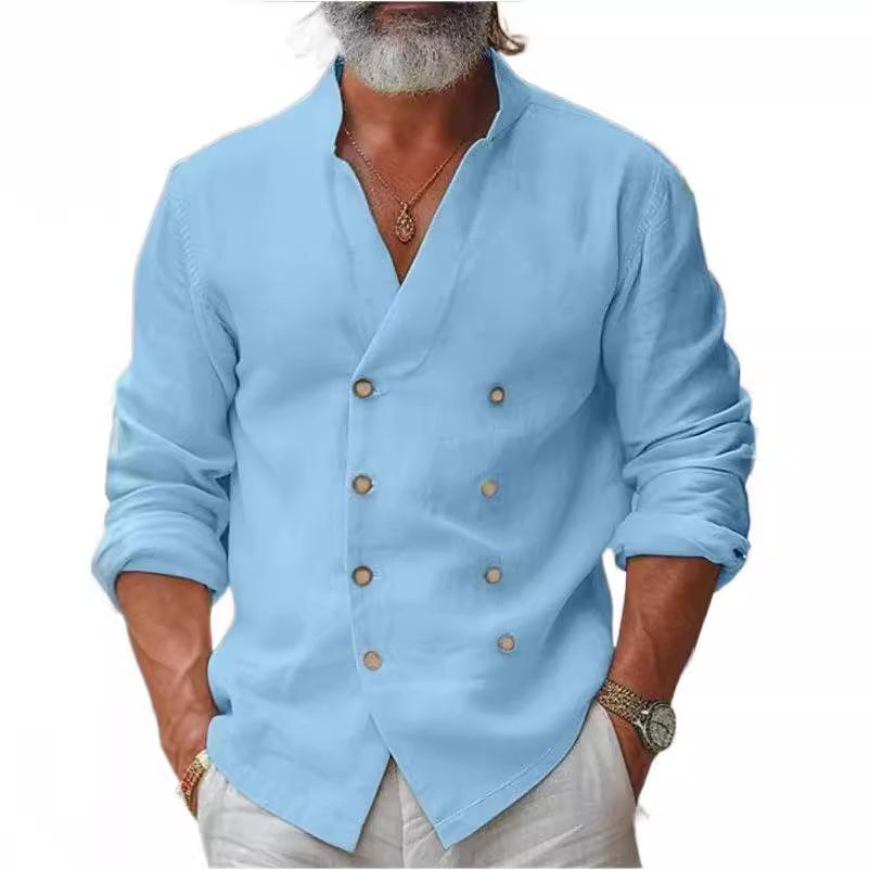 Herren Übergröße Doppelreihiges Baumwoll-Leinenhemd mit Stehkragen – Langarm Strickjacke Mantel für Casual-Mode