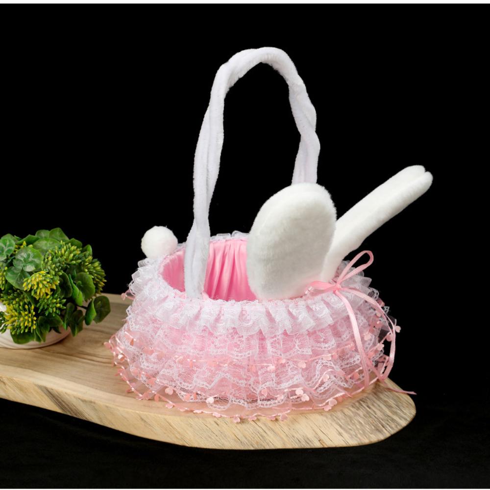 Stuffed Girls Gifts Fluffy Party Supplies Bunny Ears Basket Glitter Tulle Easter Basket For Spring Decor Easter Party