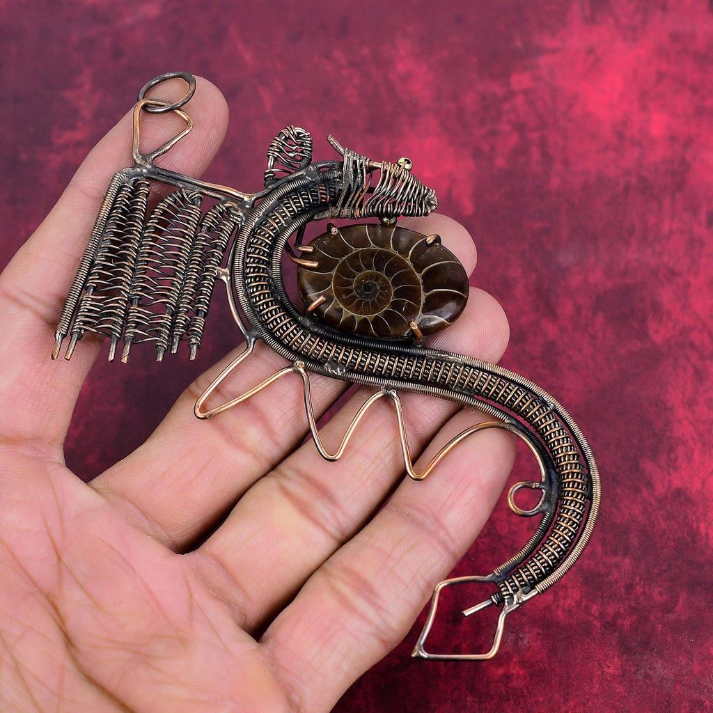 Ammonite fossil pendant copper wire wrapped pendant handmade jewelry gemstone pendant wire wrap dragon jewelry gift for women decent pendant