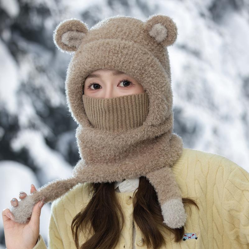 Hat for Women In Autumn and Winter Outdoor Cold Protection Scarf Warmth  Integrated Hat Korean Sweet and Cute Little Bear Plush Hat New