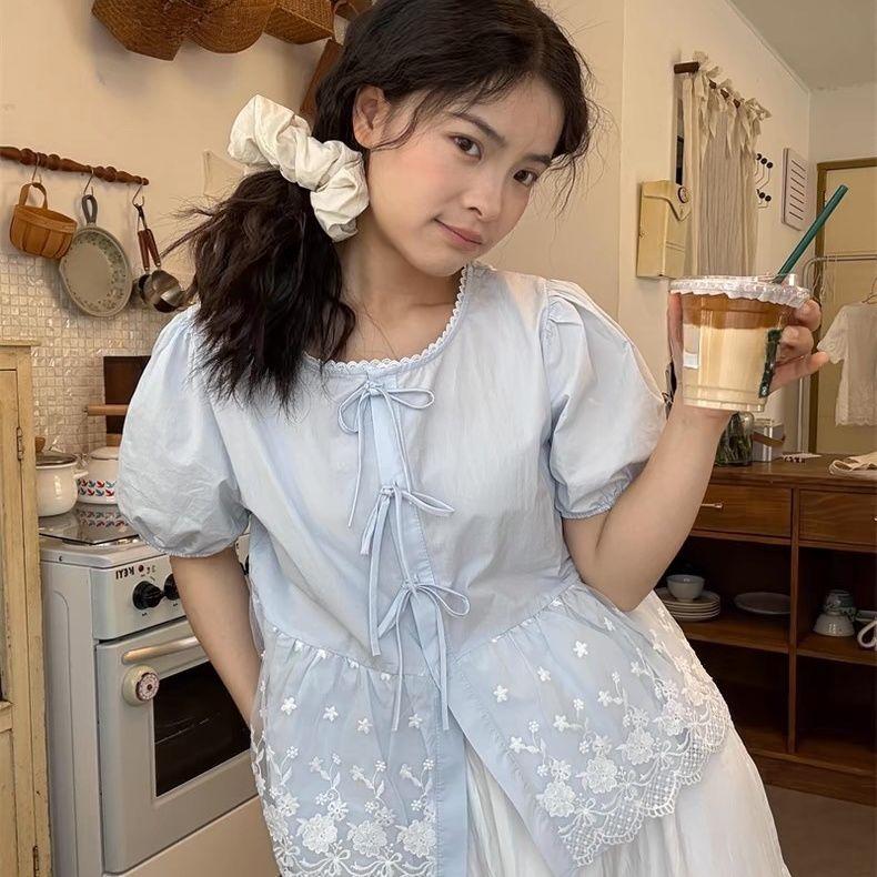 Modrá francouzská vintage košile s balónovými rukávy pro ženy letní splývavá volného střihu zakrývající bříško ležérní top