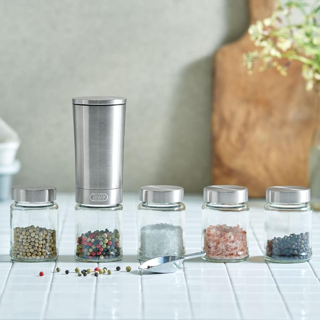 Electric Salt Pepper Mill Just Tilt Ceramic Blade Grind Stepless Adjustment Battery Operated Bottle 100ml with Lid Stainless Steel Stylish [Toffy] &