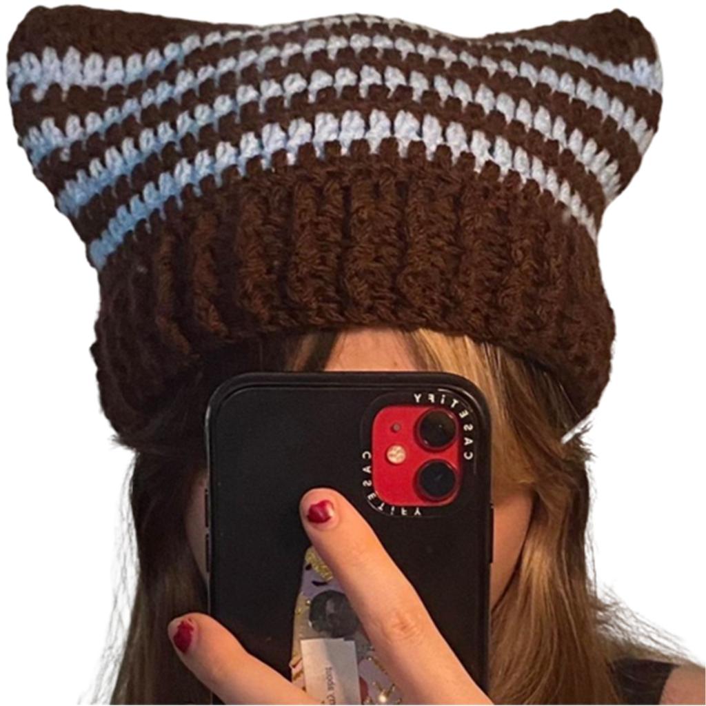 Fashion Beanie Hat for Women Girls Cat Ear Knit Hat Lovely Anime Skull Hat Y2K Moom Crochet Bonnet Hat Punk Headdress