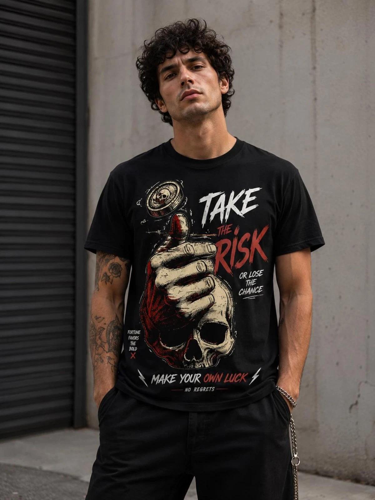 Skull Coin Flip Take The Risk Graphic Rebel Grunge Streetwear T Shirt XXXL