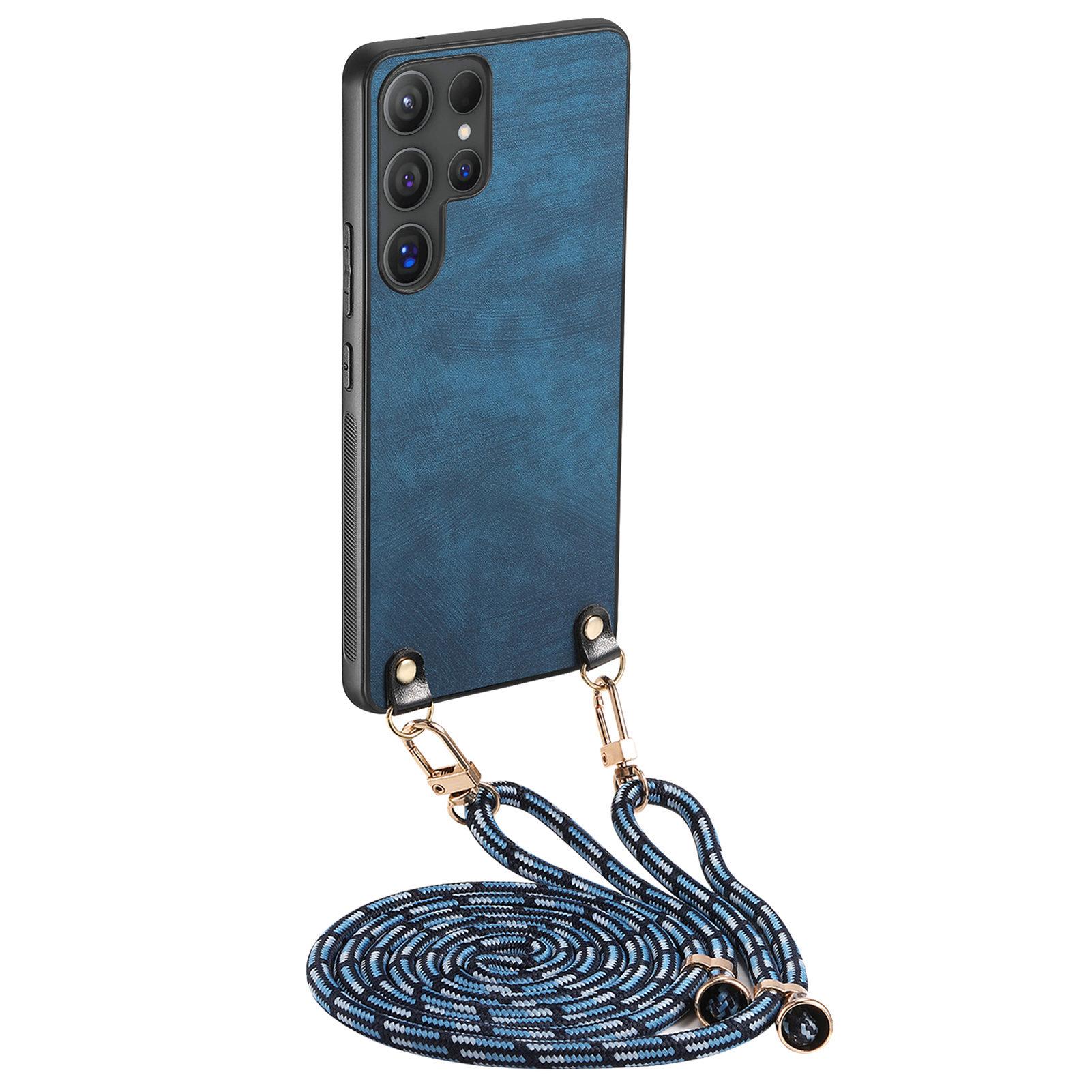 

For Samsung Galaxy S23 Ultra Retro Leather Phone Back Cover with Adjustable Strap F
