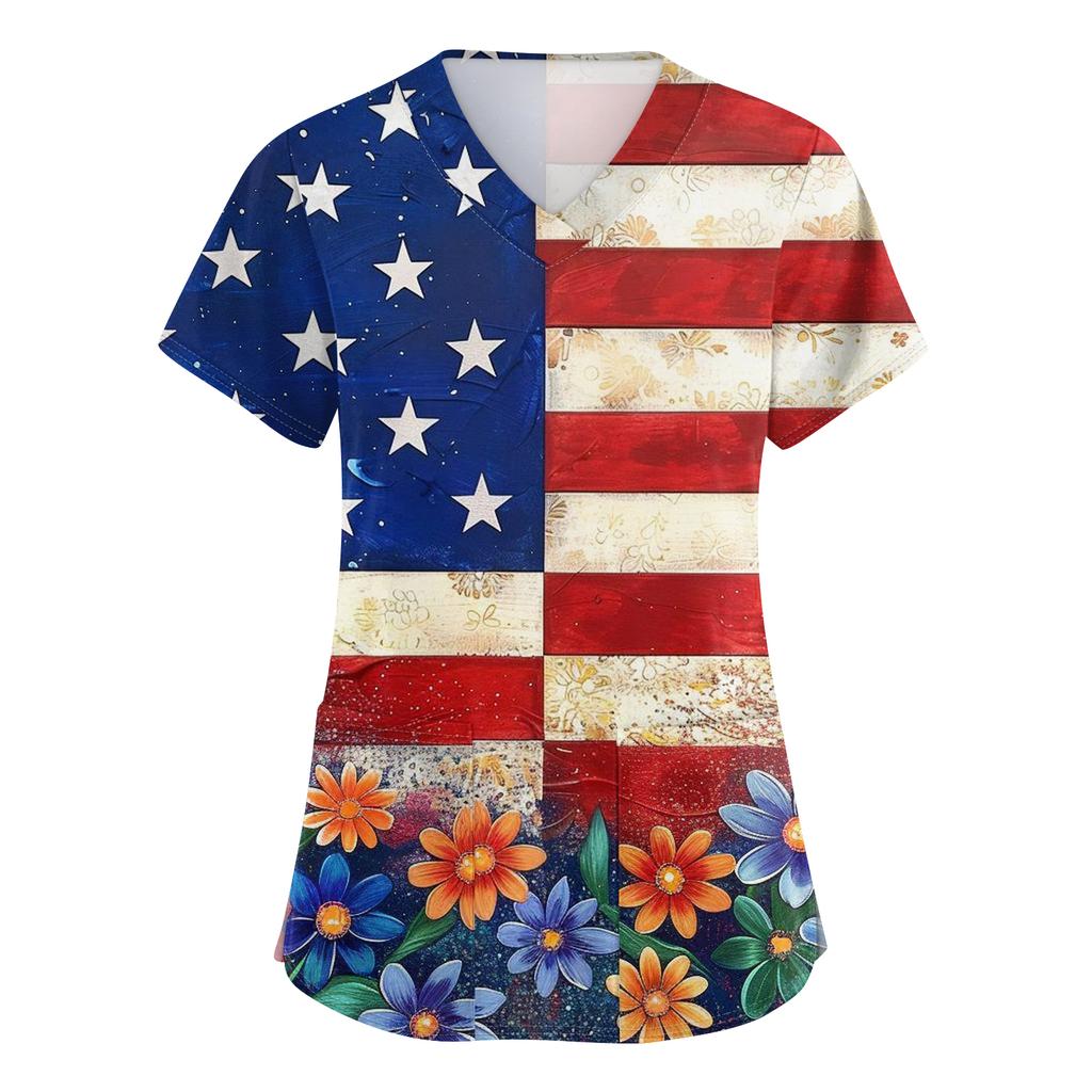 Damen V-Ausschnitt Unabhängigkeitstag Aufdruck Kurzarm Tasche Seitenöffnung Schutzkleidung Arbeitshemd