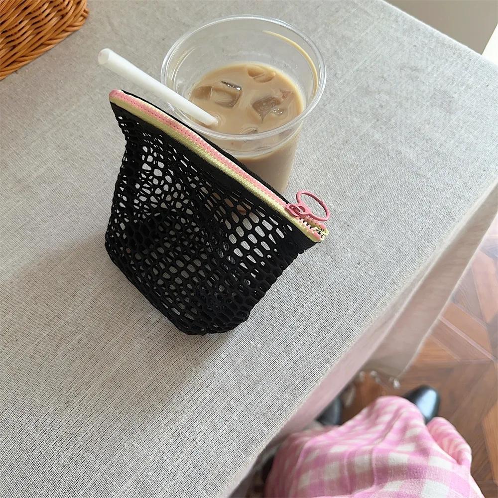 Small Transparent Mesh Coin Purse Bags Color Contrast Zipper Lipstick Cosmetic Small Storage Bag Keychain Earphone Bag Case