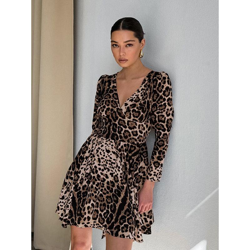Fashion Vintage Leopard Print Dress Sexy Waist Trimming A- line Skirt Design Ins Style Long Sleeve Short Dress
