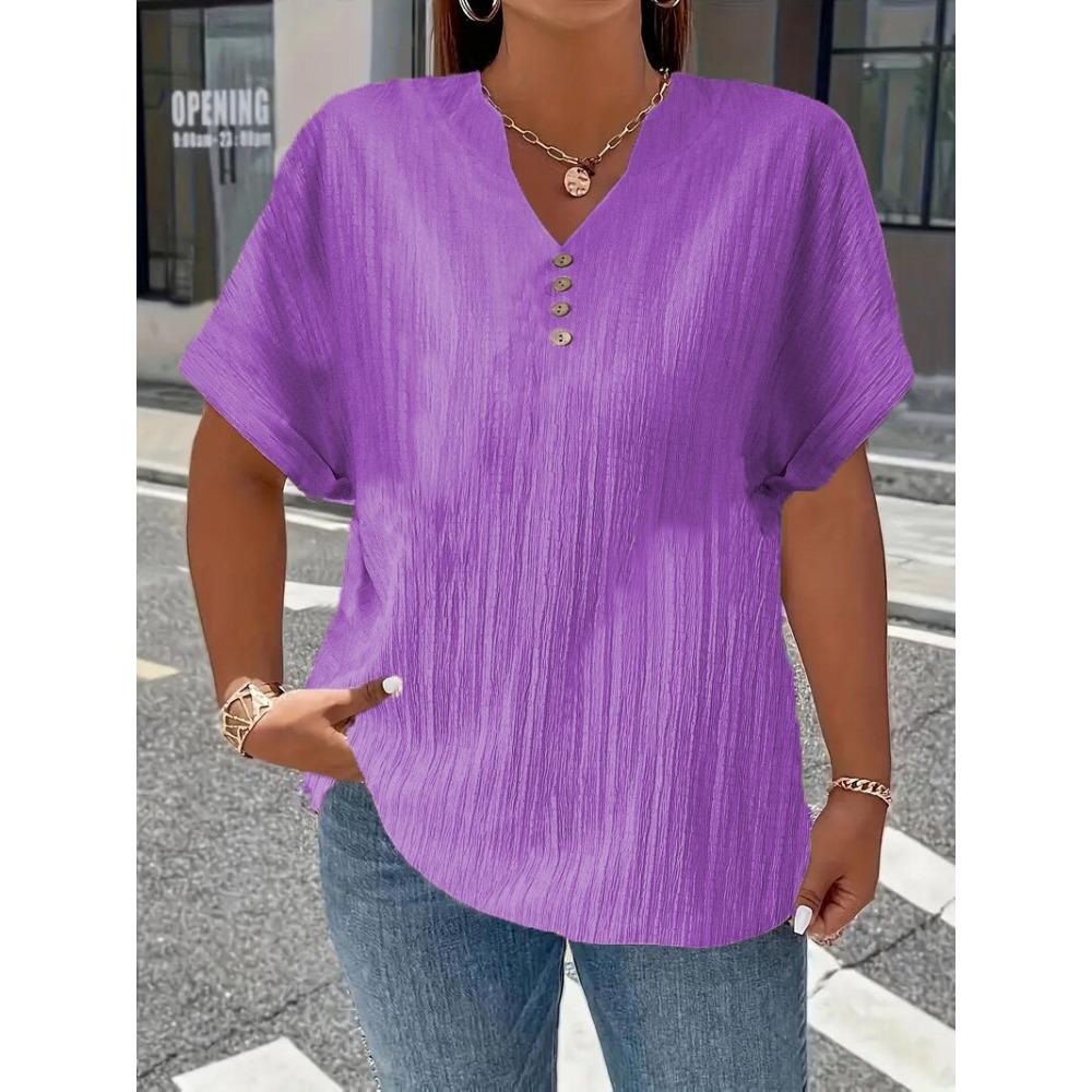 Spring and Summer Women's Fashion Casual Solid Color Button V-neck T-shirt for Women