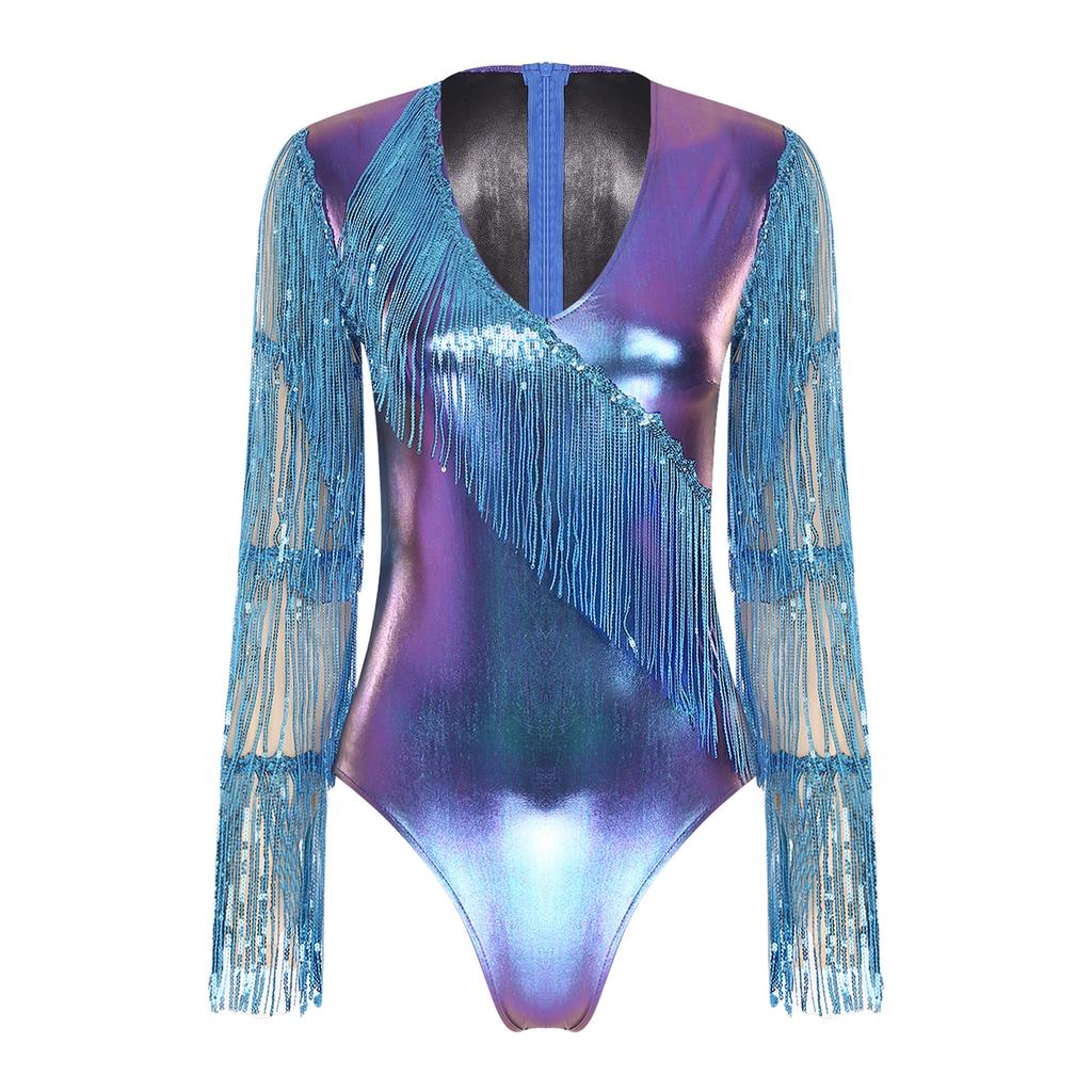Womens Metallic Shiny Club Bodysuit Tiered Sequin Tassel Mesh Long Sleeve Dance Jumpsuit