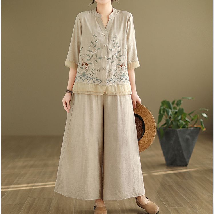 Spring Summer 2 Two Piece Set Women Floral Embroidery Fashion Ladies Blouses Elastic Waist Fashion Loose Pleated Woman Wide Leg Pants