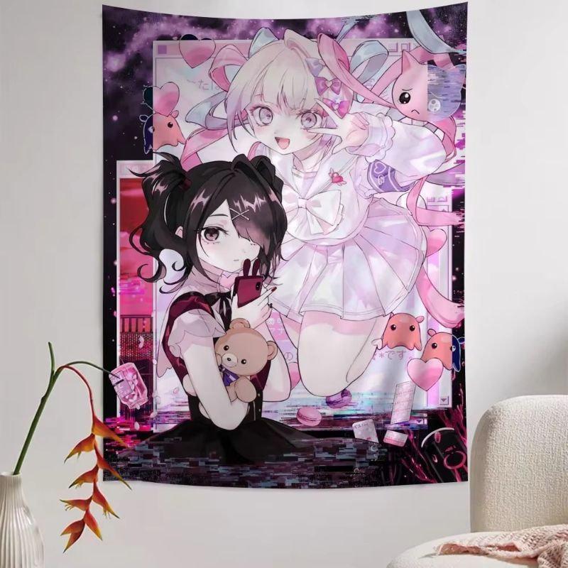 Purple Pink Anime Girl Tapestry Wall Hanging Glitch Pastel Goth Aesthetic Wall Art Dorm Bedroom Living Room Decor