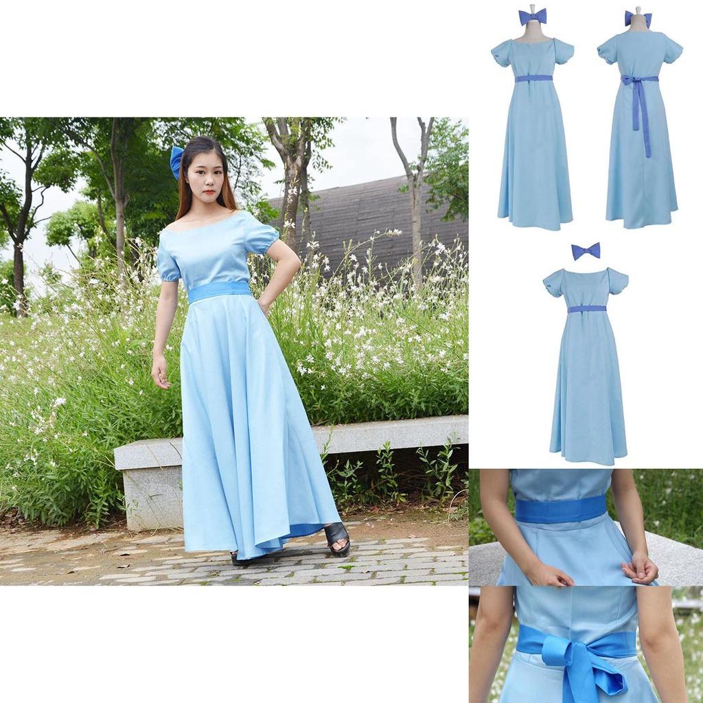 Bezauberndes Märchenhaftes Peter Pan Wendy Darling blaues Kleid mit Schleife und Kopfbedeckung