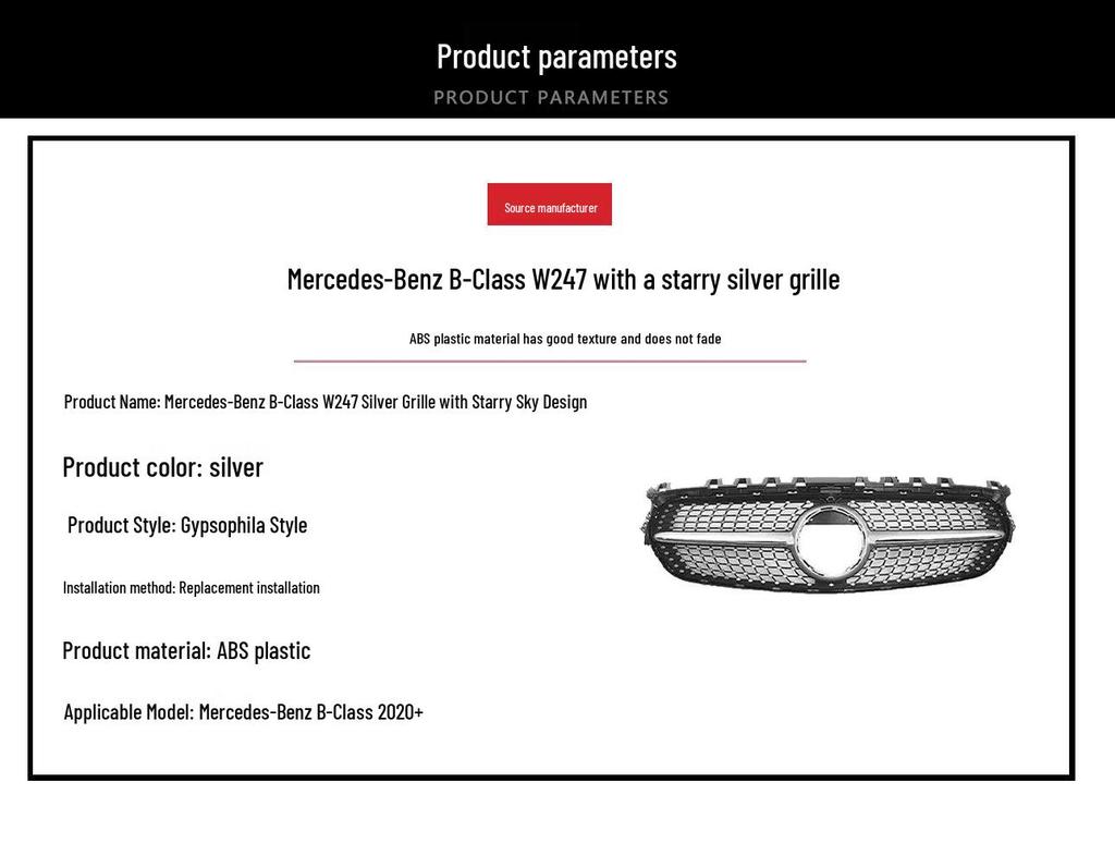 Compatible with 2020-2025 Mercedes-Benz B-Class W247 for front bumper modification, replacing the original black starry grille.
