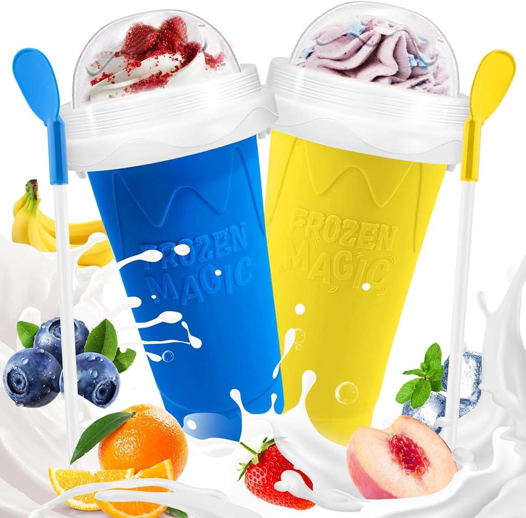Slushie Cup, 2 Pack Slushy Maker Cup, Frozen Magic Squeeze Cups for Juice Milk Yogurt Ice Cream Make, DIY Smoothie Cooling Cup with Lid ,Straw
