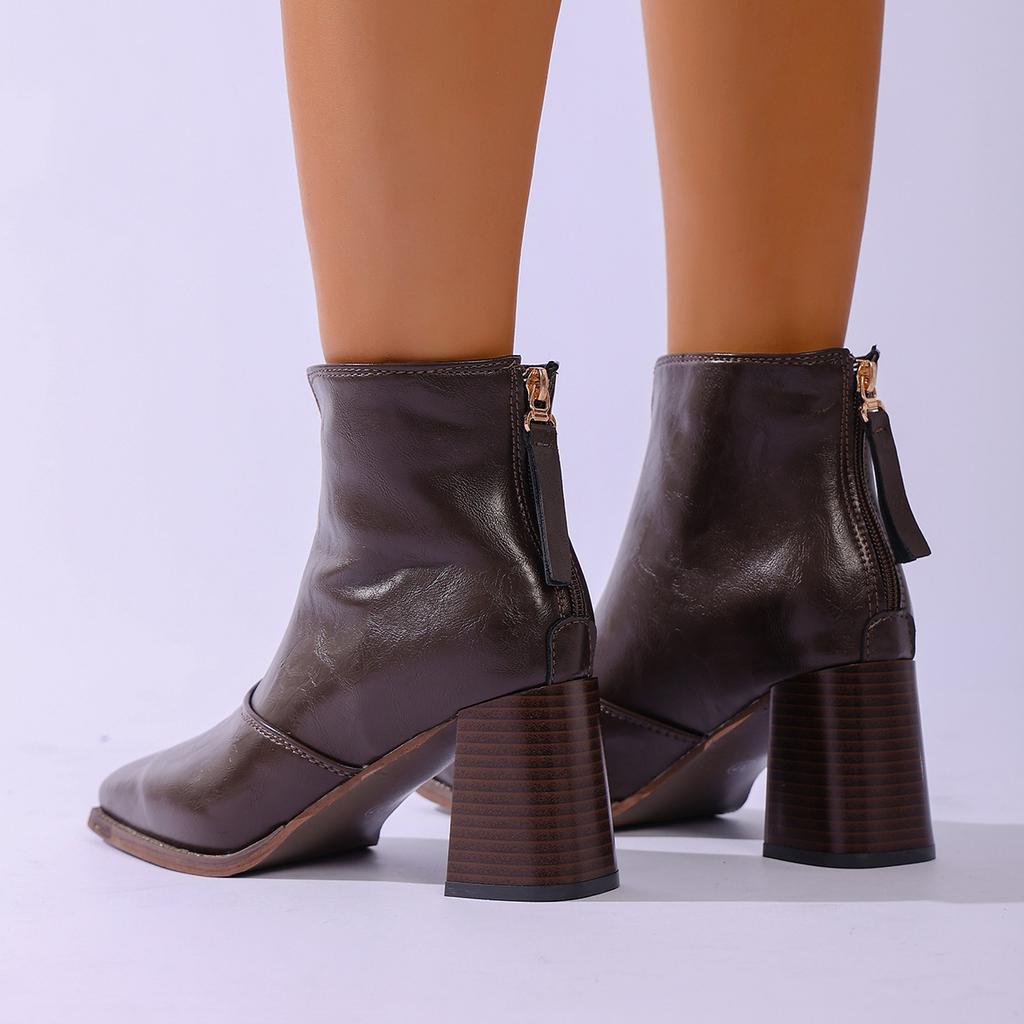 Retro Square Head High Heel Short Boots Women's 2025 Autumn and Winter New Fashion Versatile Martin Boots Rear Zipper Thick Heel Thin Boots