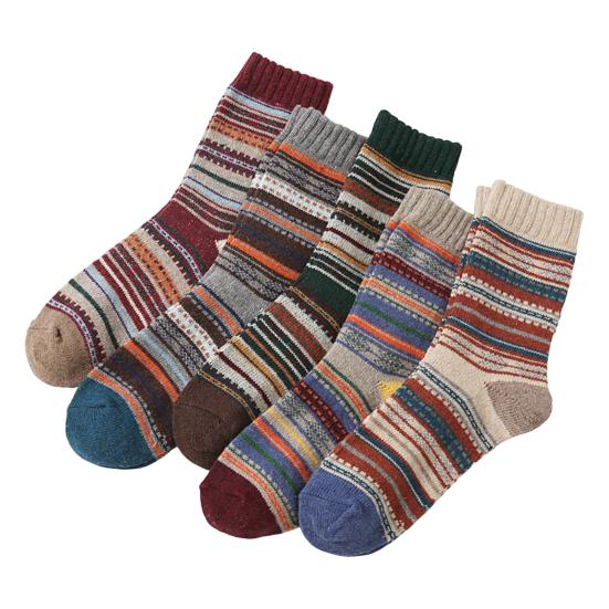 5 par Vintervarme mannskapssokker for kvinner Tykke midt-legg strikkesokker Retro etnisk stil sokker til julegaver