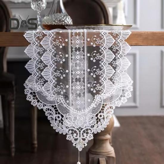 Spets Virkad Bordsflagga Vit Broderi Blommönster Bordslöpare Säsongsbetonad Bondgård Matbordsdekoration