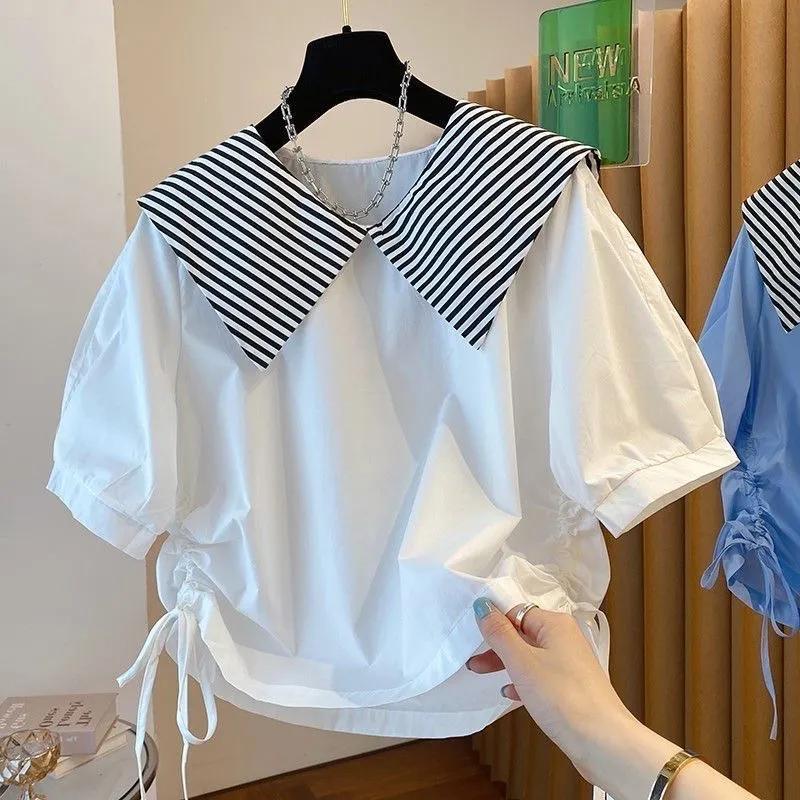 Women's Summer Striped Collar Drawstring Shirt Design Doll Collar Youthful Comfortable Top