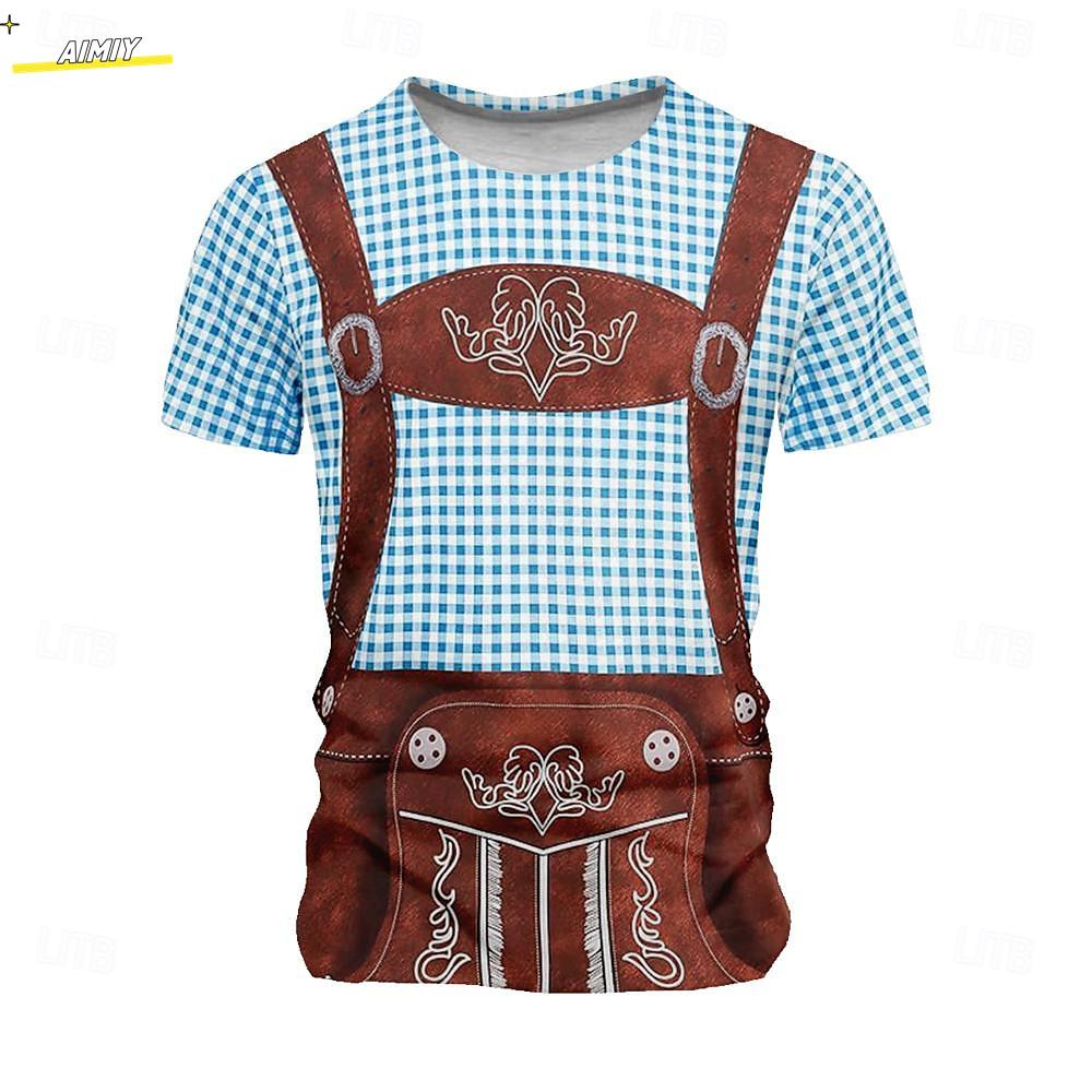 Men's 3D Printed T-shirt, Round Neck Short Sleeved Shirt, Carnival Party, Beer Festival, Checkered Clothing for Summer and Spring