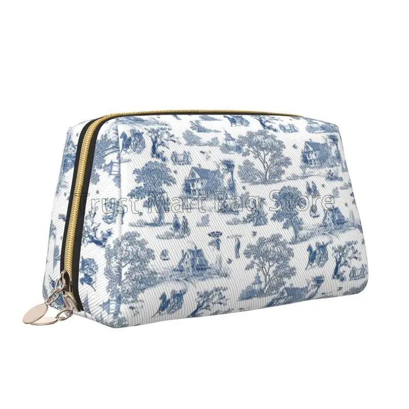 Franse Landelijke Make-uptas Retro Toile De Jouy Leer Reizen Cosmetica Organizer Vrouwen Grote Capaciteit Waterdichte Toiletartikelen Tas