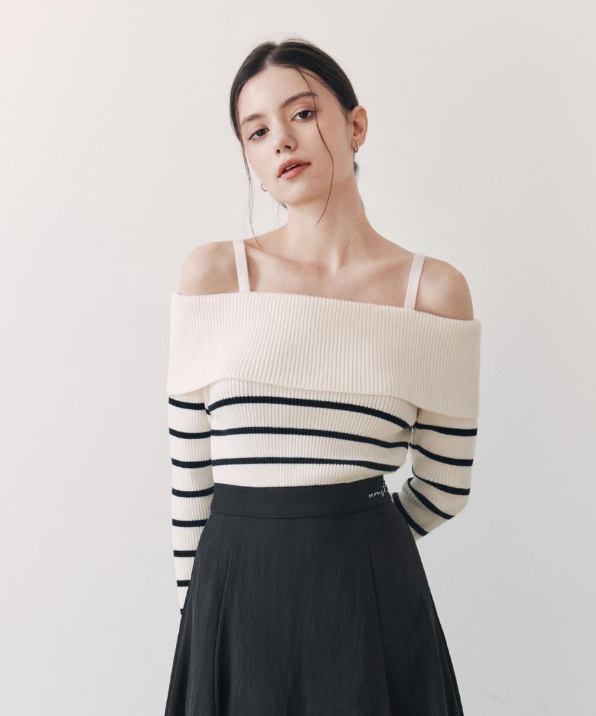 ZEROSTREET Soft Off-Shoulder Knit / Striped Ivory