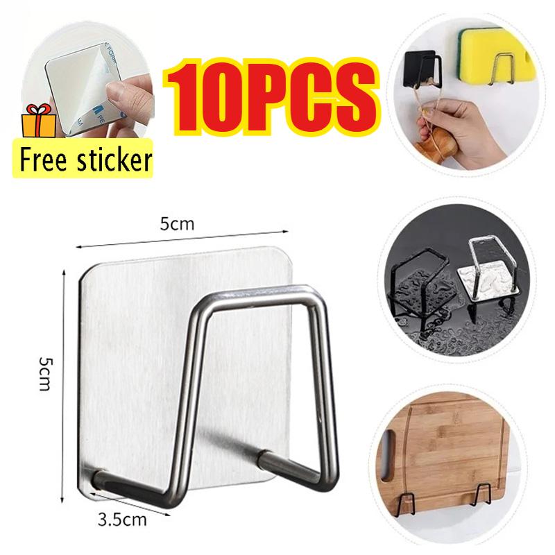 Steel Kitchen Sink Sponge Holder Sink Wall-mounted Dishwashing Sponge Holder Self Adhesive Drain Drying Rack Bathroom Organizer