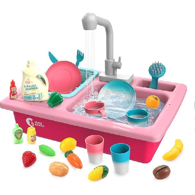 CUTE STONE Play Kitchen Sink Toys with Upgraded Real Faucet, Play Cooking Stove, Cookware Pot and Pan,Play Food, Color Changing Dishes Accessories