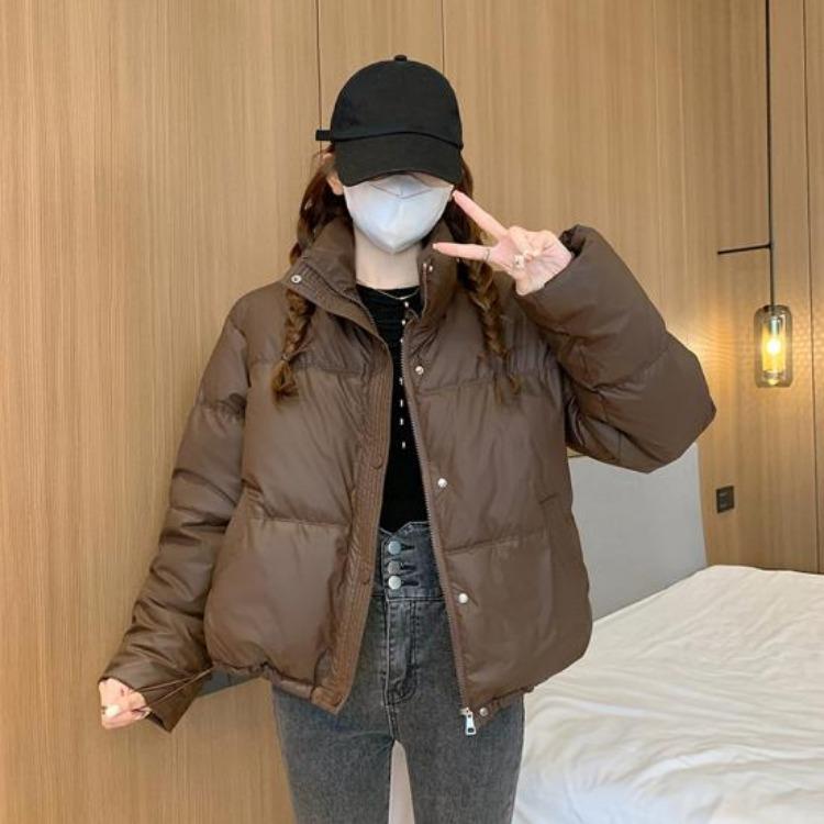 Winter Warm Women Cotton Coat Stand Collar Thickened Lightweight Long Sleeve Solid Color Outwear with Pockets