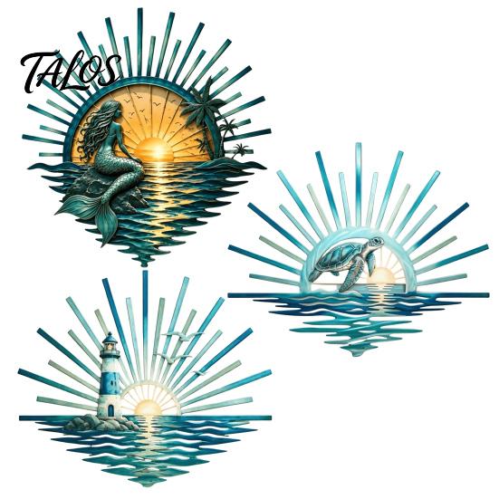 Outdoor Ocean Decor Metal Wall Decor, Turtle/Lighthouse/Mermaid Pattern Weather Resistant Marine Style Room Art Sculptures for Patio Garden And Living