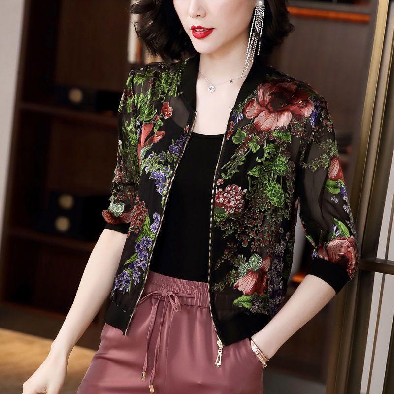 Summer Women Chiffon Jacket Thin Breathable Baseball Uniforms Long Sleeve Printed Jacket Loose Short Plus Size Sunscreen