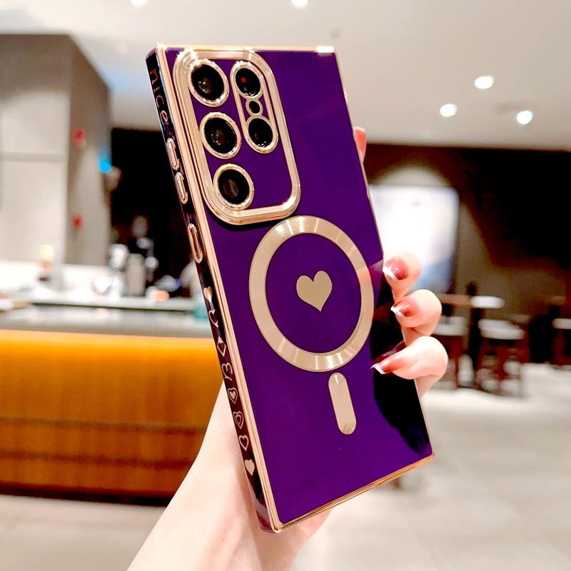 Plating Soft TPU Case For Samsung Galaxy S26 S25 S24 S23 S22 S21 Ultra Plus For Magsafe Magnetic Charge Love Heart Full Cover